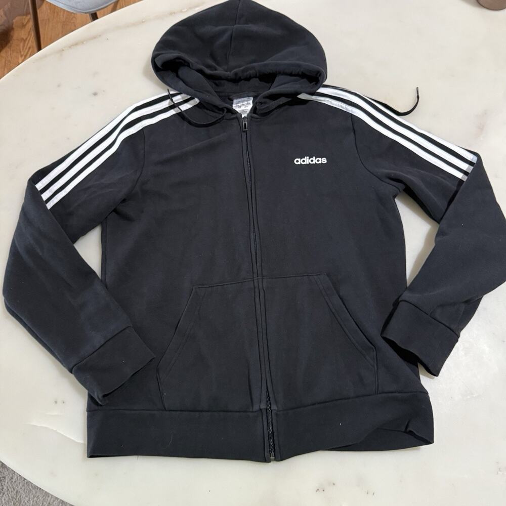 Adidas Essentials 3-Stripes Full Zip Hoodie Kids L 16/18 Black Cotton Blend